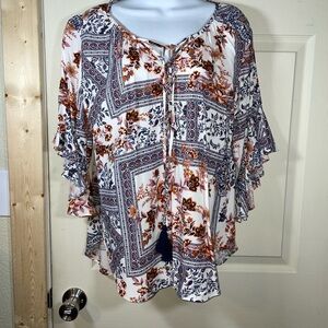 Boho‎ Floral Women's Blouse - Blue and Orange